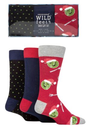 Mens 3 Pair SOCKSHOP Wild Feet Christmas Flat Gift Boxed Socks