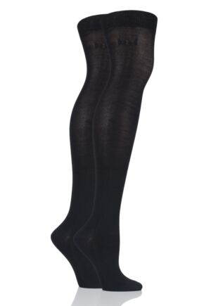 Ladies 2 Pair Elle Plain Bamboo Over The Knee Socks Black