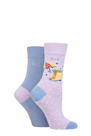 Ladies 2 Pair Elle Bamboo Patterned and Plain Socks Bluebell 4-8
