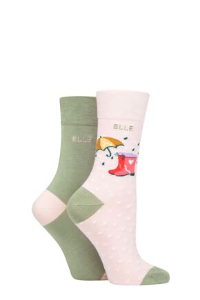 Ladies 2 Pair Elle Bamboo Patterned and Plain Socks Meadow 4-8