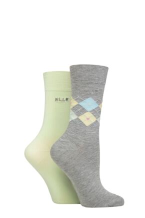 Ladies 2 Pair Elle Bamboo Patterned and Plain Socks Keylime Pie 4-8