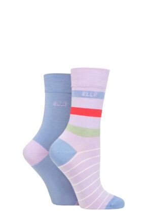 Ladies 2 Pair Elle Bamboo Striped and Plain Socks Bluebell 4-8