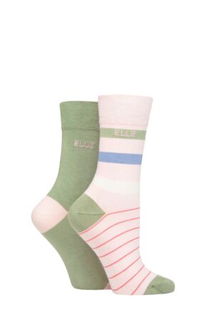 Ladies 2 Pair Elle Bamboo Striped and Plain Socks Meadow 4-8