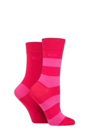 Ladies 2 Pair Elle Bamboo Striped and Plain Socks Cherry Fizz 4-8