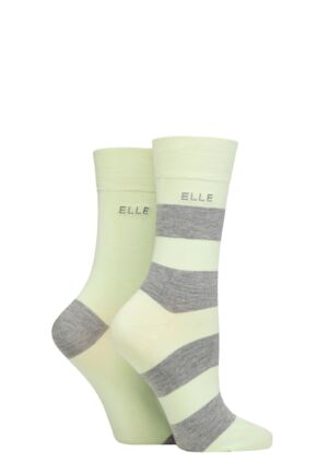 Ladies 2 Pair Elle Bamboo Striped and Plain Socks Keylime Pie 4-8