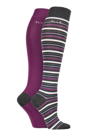Ladies 2 Pair Elle Bamboo Striped and Plain Knee High Socks