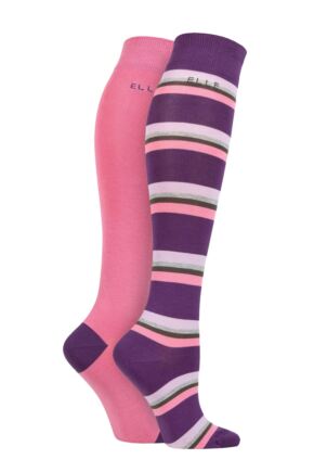 Ladies 2 Pair Elle Bamboo Striped and Plain Knee High Socks Wild Rose 4-8 Ladies