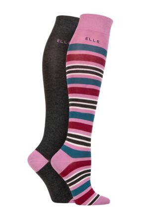 Ladies 2 Pair Elle Bamboo Striped and Plain Knee High Socks