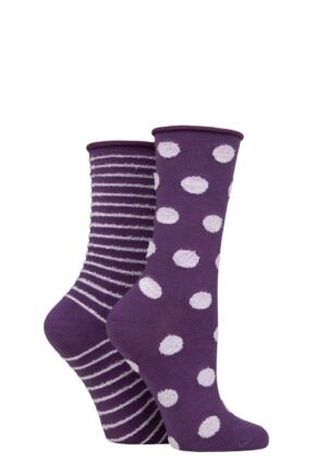 Ladies 2 Pair Elle Bamboo Feather Striped Socks Royal Purple 4-8 Ladies