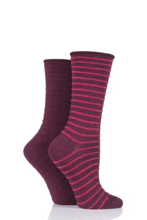 Ladies 2 Pair Elle Bamboo Feather Striped Socks Dark Ruby Stripe 4-8 Ladies