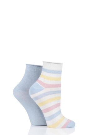 Ladies 2 Pair Elle Ombre Lurex Stripe Roll Top Anklet Socks