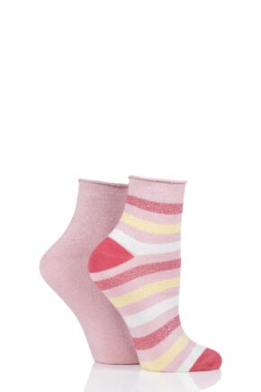 Ladies 2 Pair Elle Ombre Lurex Stripe Roll Top Anklet Socks