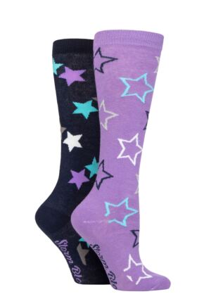 Kids 2 Pair Storm Bloc Equestrian Patterned Cotton Knee High Socks Star Navy / Lilac 12-3