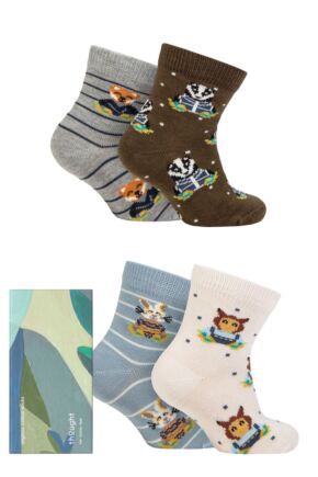 Babies and Kids 4 Pair Thought Ash Organic Cotton Animal Gift Boxed Socks