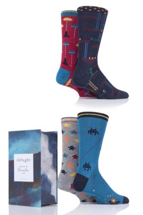 Mens 4 Pair Thought Arcade Games Bamboo and Organic Cotton Gift Boxed Socks
