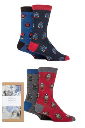 Mens 4 Pair Thought Herman Robot Bamboo and Organic Cotton Gift Boxed Socks