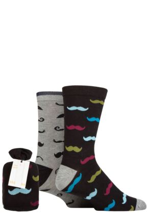 Mens 2 Pair Thought Clayton Moustache Bamboo Gift Bagged Socks