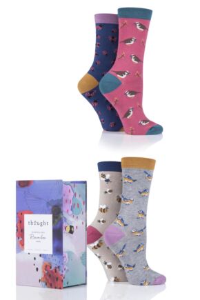 Ladies 4 Pair Thought Birds and Bees Bamboo and Organic Cotton Gift Boxed Socks
