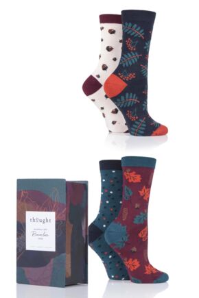 Ladies 4 Pair Thought Autumn Leaves Bamboo and Organic Cotton Gift Boxed Socks