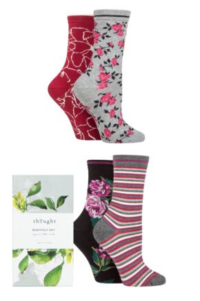 Ladies 4 Pair Thought Orsella Floral Organic Cotton Gift Boxed Socks