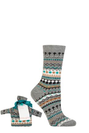 Ladies 1 Pair Thought Dannie Organic Cotton Christmas Jumper Gift Bagged Socks Grey Marle 4-7