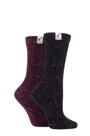 Ladies 2 Pair Elle Cable Knit Chenille Boot Socks Black / Damson 4-8 Ladies