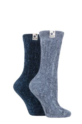 Ladies 2 Pair Elle Cable Knit Chenille Boot Socks Blue Grey / Sapphire 4-8 Ladies