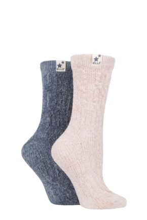 Ladies 2 Pair Elle Cable Knit Chenille Boot Socks Pink / Blue Grey 4-8 Ladies