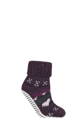 Ladies 1 Pair Elle Chunky Fair Isle and Striped Moccasin Grip Socks