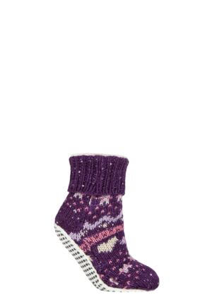 Ladies 1 Pair Elle Chunky Fair Isle and Striped Moccasin Grip Socks Royal Purple 4-8 Ladies