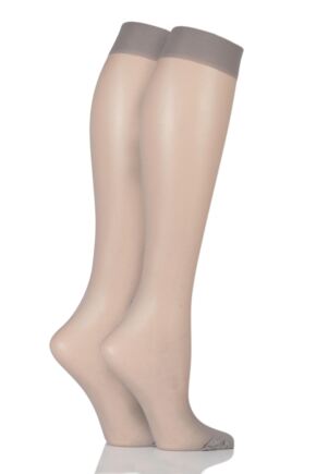Ladies 2 Pair Elle 15 Denier Knee Highs With Comfort Cuff Grey Smoke