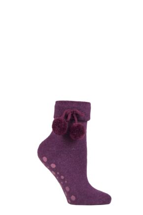 Ladies 1 Pair Elle Wool Mix Slipper Socks with Pompoms Pickled Beet 4-8 Ladies