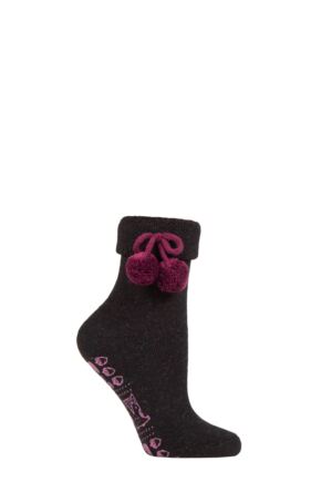 Ladies 1 Pair Elle Wool Mix Slipper Socks with Pompoms