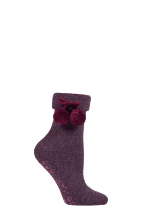 Ladies 1 Pair Elle Wool Mix Slipper Socks with Pompoms Royal Purple 4-8 Ladies