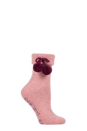 Ladies 1 Pair Elle Wool Mix Slipper Socks with Pompoms Wild Rose 4-8 Ladies
