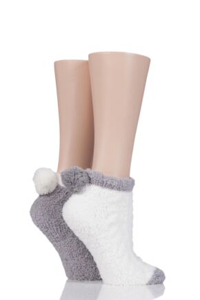 Ladies 2 Pair Elle Cable Cosy Anklet Socks with Pom Poms
