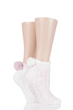 Ladies 2 Pair Elle Cable Cosy Anklet Socks with Pom Poms