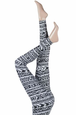 Ladies 1 Pair Silky Aztec Fair Isle Design Everyday Leggings Black / White Large