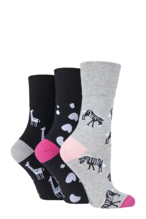 Ladies 3 Pair Gentle Grip Fun Feet Socks Zebra Life 4-8 Ladies