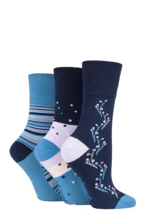Ladies 3 Pair Gentle Grip Patterned and Striped Socks New Dawn Blue 4-8 Ladies