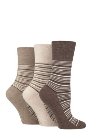 Ladies 3 Pair Gentle Grip Cotton Patterned and Striped Socks Varied Stripe Brown / Neutral 4-8 Ladies