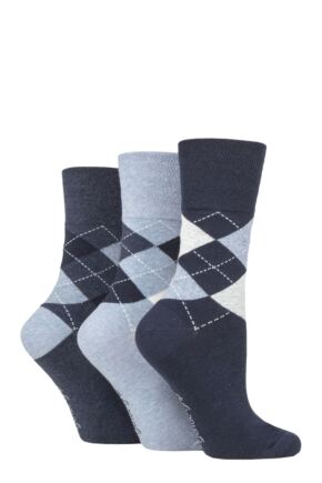 Ladies 3 Pair Gentle Grip Argyle Patterned Cotton Socks
