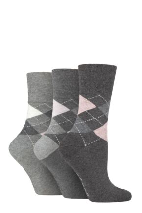 Ladies 3 Pair Gentle Grip Argyle Patterned Cotton Socks Argyle Charcoal / Grey 4-8 Ladies