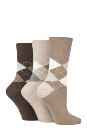 Ladies 3 Pair Gentle Grip Argyle Patterned Cotton Socks Argyle Brown / Neutral 4-8 Ladies