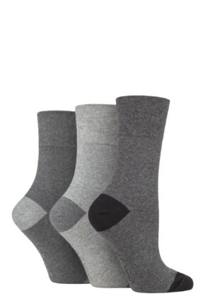 Ladies 3 Pair Gentle Grip Cotton Patterned and Striped Socks Contrast Heel and Toe Charcoal / Grey 4-8 Ladies