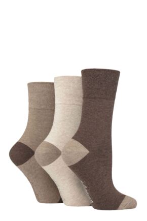 Ladies 3 Pair Gentle Grip Patterned and Striped Socks Contrast Heel and Toe Brown / Neutral 4-8 Ladies