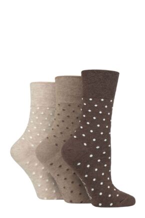 Ladies 3 Pair Gentle Grip Cotton Patterned and Striped Socks Digital Dots Brown / Neutral 4-8 Ladies