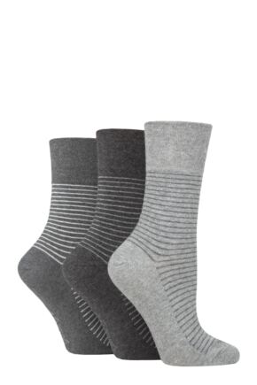 Ladies 3 Pair Gentle Grip Cotton Patterned and Striped Socks Fine Stripe Charcoal / Grey 4-8 Ladies