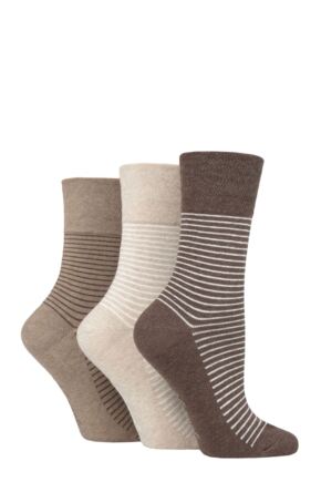 Ladies 3 Pair Gentle Grip Cotton Patterned and Striped Socks Fine Stripe Brown / Neutral 4-8 Ladies