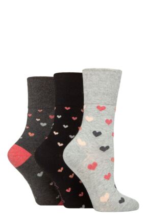 Ladies 3 Pair Gentle Grip Cotton Patterned and Striped Socks Queen of Hearts Charcoal Melange 4-8